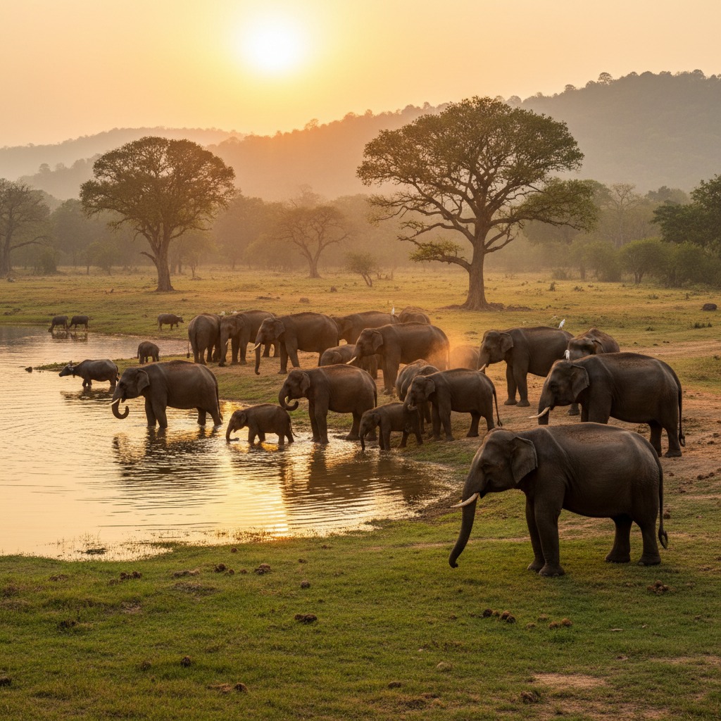 Wild Asian elephants gathering near the Minneriya reservoir at sunset in Sri Lanka